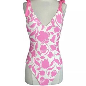 Kate Spade Surf Pink and White Floral Shoulder Bow One Piece Swim